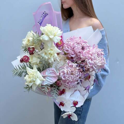 Bouquet «Aphrodite's Thoughts», Flowers: Chrysanthemum, Rose, Phalaenopsis, Anthurium, Mimosa, Hydrangea, Clematis