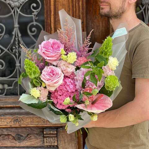 Cute summer bouquet with fragrant roses «Pink Flamingo», Flowers: Paeonia, Hydrangea, Pion-shaped rose, Helleborus, Dianthus, Anthurium, Astilbe, Rubus Idaeus, Eustoma, Molucella