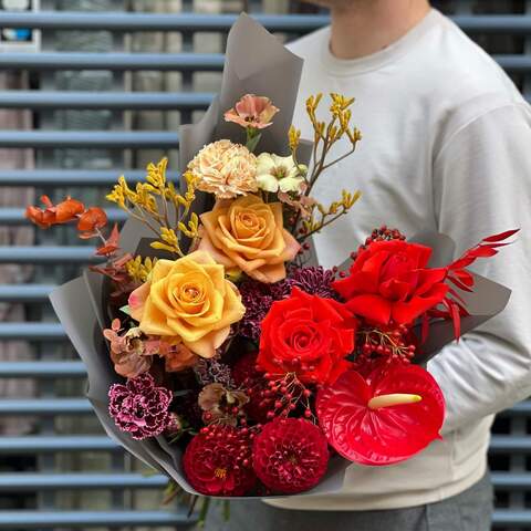 Bouquet «Dance in the autumn park», Flowers: Rose, Eustoma, Anthurium, Chrysanthemum, Dahlia, Eucalyptus, Anigosanthus, Rosa
