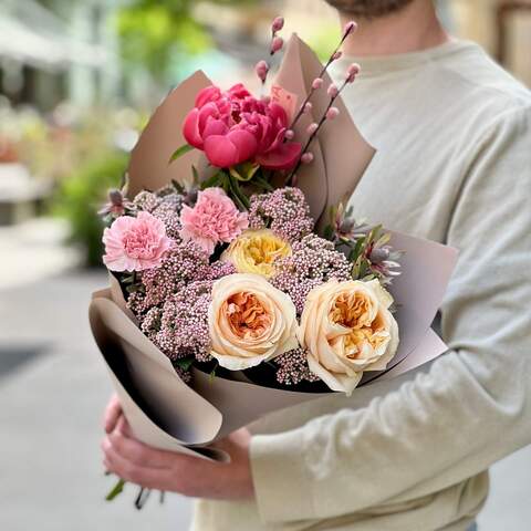 Pastel bouquet with peony roses and peonies «Mischievous Irynka», Flowers: Ozothamnus, Pion-shaped rose, Paeonia, Dianthus, Willow, Leucadendron