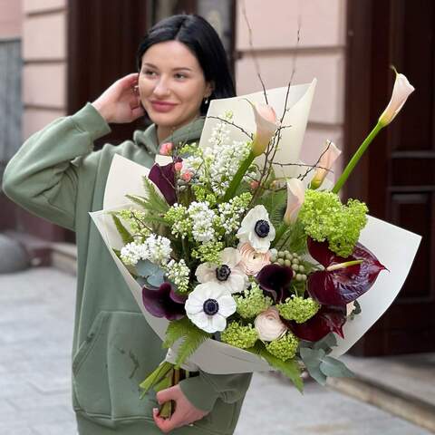 Photo of Spring fragrant bouquet with anemones and calla lilies «Basic instinct»