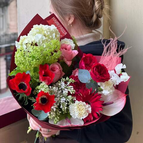 Bouquet «Red butterfly», Flowers: Rose, Anemone, Viburnum, Hydrangea, Anthurium, Stipa, Gerbera, Syringa