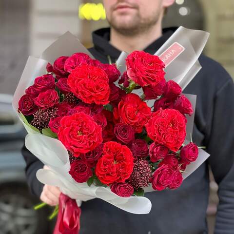Bright bouquet of red spray and peony roses «Lace passion», Flowers: Pion-shaped rose, Bush Rose, Skimmia