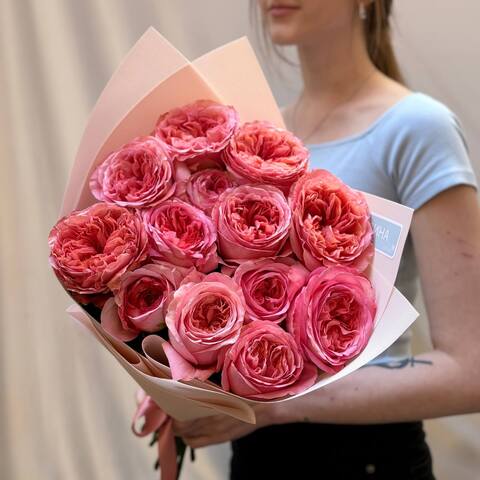 13 pink peony roses of Pink & Candy X-Pression varieties in a bouquet «Floral Lace», Flowers: Pion-shaped rose of Pink X-Pression & Candy X-Pression varieties, 13 pcs.