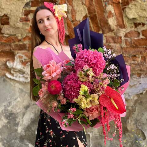 Bouquet «Tropical Woman's secret», Flowers: Hydrangea, Anthurium, Amaranthus, Gladiolus, Pion-shaped rose, Panicum, Rubus Idaeus, Chamelaucium, Oxypetalum, Dahlia, Bush Rose, Dianthus