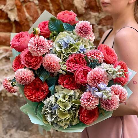 Luxurious bouquet with peony roses and dahlias «Moroccan Sky», Flowers: Pion-shaped rose, Hydrangea, Delphinium, Rubus Idaeus, Dahlia