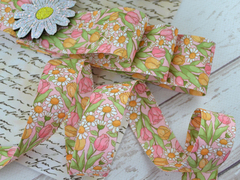 Стрічка текстильна Корея Ромашки з тюльпанами на рожевому № 1
