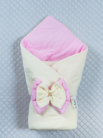 Велюровый конверт одеяло Бантик  (кремовый/розовый)