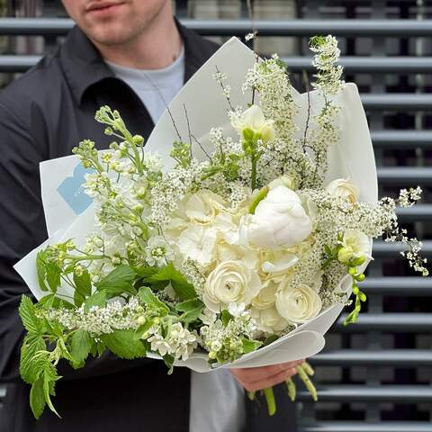 Bouquet «White Nymph», Flowers: Paeonia, Hydrangea, Oxypetalum, Freesia, Ranunculus, Matthiola