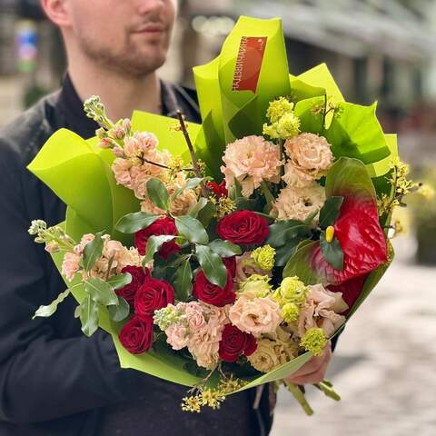 Colorful bouquet with eustoma and spray roses «Bright day», Flowers: Matthiola, Bush Rose, Eustoma, Anthurium, Pittosporum, Tulipa