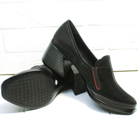 Кожаные туфли  на широком каблуке 6 см. Черные туфли женские осень весна H&G BEM-B.