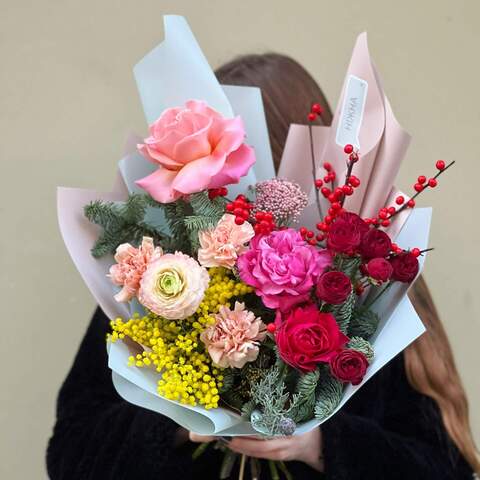 Bouquet «Near the Heart», Flowers: Rose, Pion-shaped rose, Mimosa, Ranunculus, Dianthus, Ilex, Nobilis