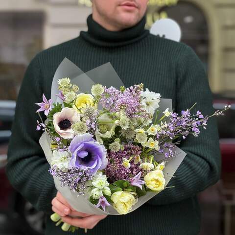 Bouquet of field and spring fragrant flowers «Desired Spring», Flowers: Anemone, Genista, Syringa, Astrantia, Tulipa, Delphinium, Clematis, Narcissus
