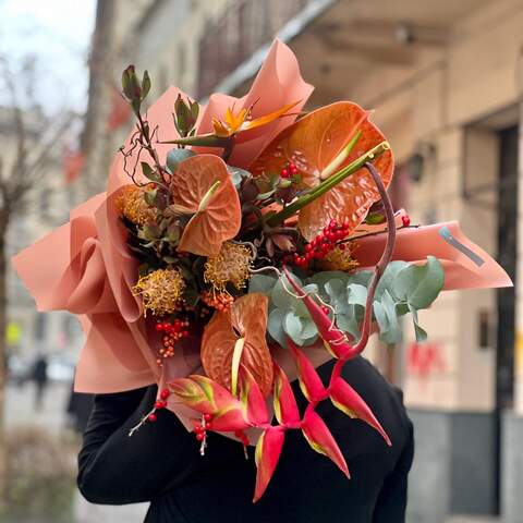 Photo of Exotic bouquet with heliconia and anthuriums «Tropical Latte»