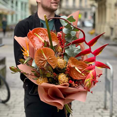 Photo of Exotic bouquet with heliconia and anthuriums «Tropical Latte»