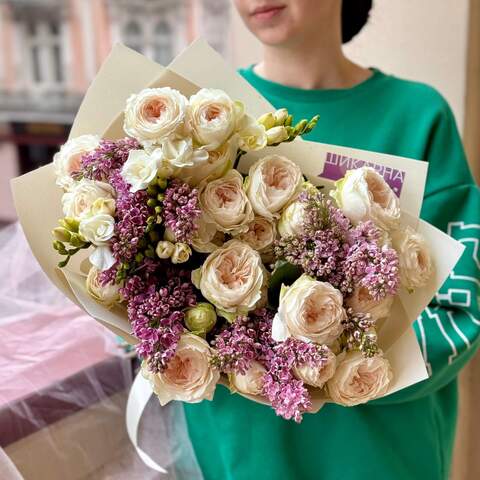 Photo of Exquisite bouquet with peony roses and lilacs «Extraordinary tenderness»