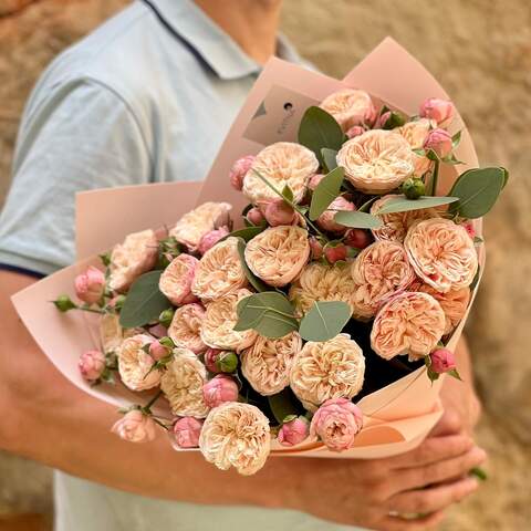 Exquisite bouquet of spray Royal Blush peony roses and eucalyptus «Powder Pearl», Flowers: Peony Spray Rose, Eucalyptus