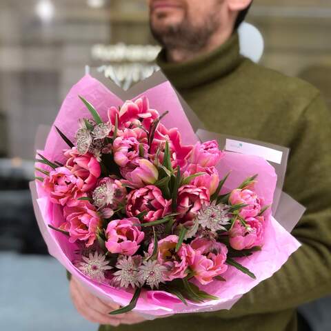 Romantic spring bouquet of peony tulips and astrantia «Pink Stars», Flowers: Tulip pion-shaped, Astrantia, Grevillea