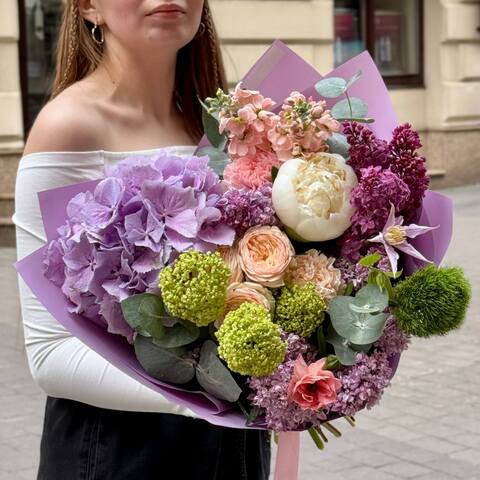 Photo of Colorful fluffy bouquet with hydrangea and lilac «Your Love»