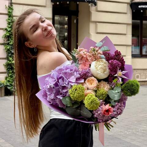 Photo of Colorful fluffy bouquet with hydrangea and lilac «Your Love»