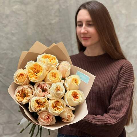 Кремово-нежные пионовидные розы «Кремовая леди», Цветы: Роза пионовидная, 15 шт.