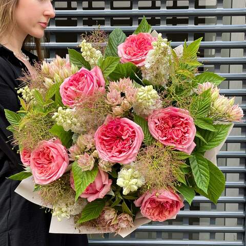 Bouquet «Morning garden», Flowers: Pion-shaped rose, Cotinus, Kaaps Seruria, Delphinium, Raspberry twigs