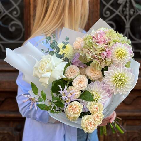 Bouquet «Lavender Stars», Flowers: Hydrangea, Dahlia, Clematis, Rose, Bush Rose, Eucalyptus