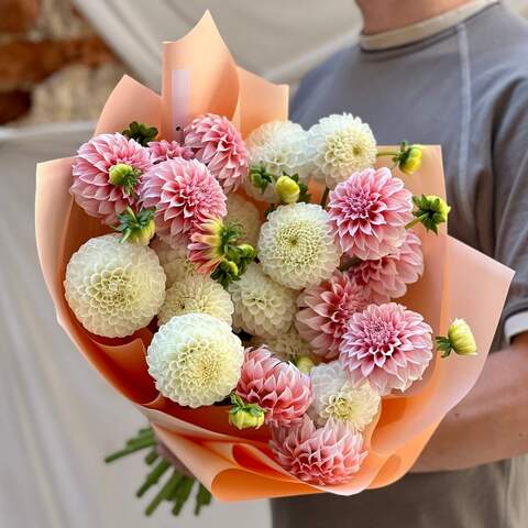 19 dahlias in a bouquet «Ice Cream and Peaches», Flowers: Dahlia, 19 pcs.