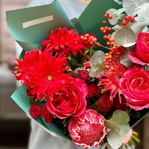 Photo of Bright bouquet with protea and gerberas «Juicy pomegranate»