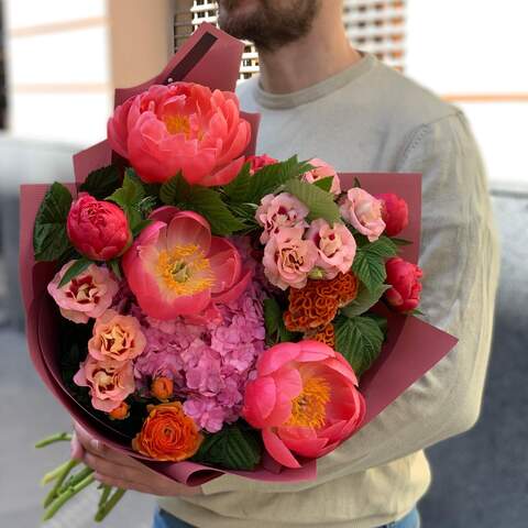 Bright fluffy bouquet «Sweet May», Flowers: Hydrangea, Celosia, Rubus Idaeus, Paeonia, Peony Spray Rose