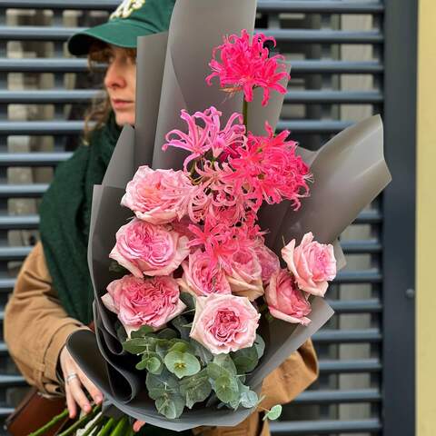 Bouquet «Pink octopuses», Flowers: Pion-shaped rose, Merine, Eucalyptus