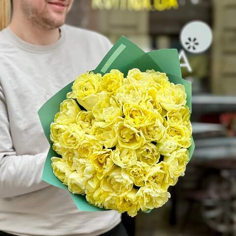 Солнечный букет из 37 пионовидных тюльпанов «Лимонное безе», Цветы: Тюльпан пионовидный