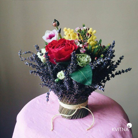 Lavender sheaf with a rose of David Austin, A fragrant lavender sheaf will be a wonderful gift and a good decoration of your interior