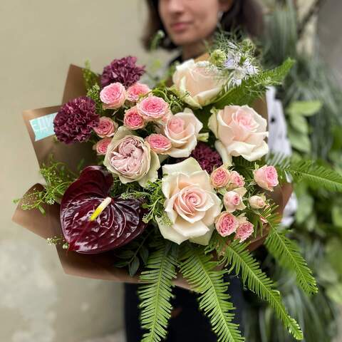 Bouquet «Forest Song», Flowers: Ambrella, Pion-shaped rose, Anthurium, Nigella, Dianthus, Thlaspi, Rose