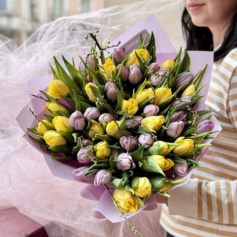 51 пионовидный тюльпан в букете «Лавандовое солнце», Цветы: Тюльпан пионовидный, 51 шт.