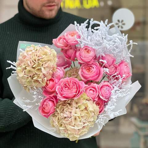 Delicate winter bouquet with hydrangeas and spray peony roses «Morning blush», Flowers: Peony Spray Rose, Hydrangea, Snow-covered twigs