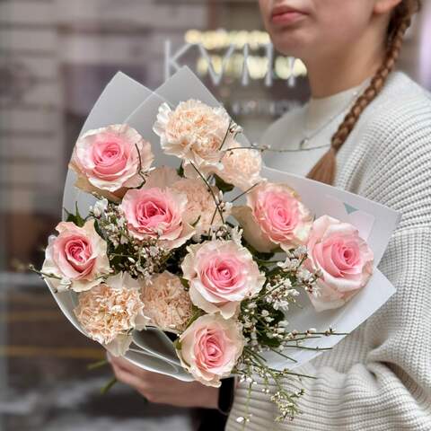 Delicate romantic bouquet «Pink Necklace», Flowers: Rose, Genista, Dianthus