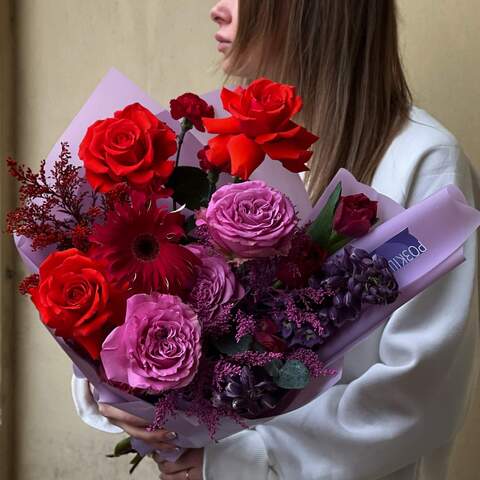 Bouquet «Pierrot in Love», Flowers: Pion-shaped rose, Bush Rose, Delphinium, Dianthus, Tulipa, Gerbera, Solidago