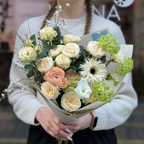 Delicate bouquet with a spring mood «Light Lace», Flowers: Ranunculus, Genista, Freesia, Gerbera, Viburnum