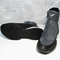 Женские зимние ботинки сникерсы на танкетке Jina 7195 Leather Black-Gray