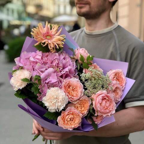 Sweet delicate bouquet with hydrangea and gerberas «Peach cruchon», Flowers: Hydrangea, Peony Spray Rose, Gerbera, Dianthus, Daucus