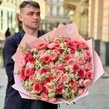 Photo of Luxurious bouquet of a cimbination of peony roses and fragrant chamelaucium «Strawberry delight»