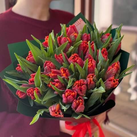 Photo of 29 premium tulips in a bouquet «Fiery Lava»