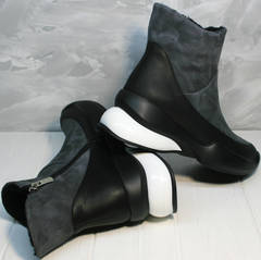 Купить женские кожаные зимние ботинки без шнурков Jina 7195 Leather Black-Gray