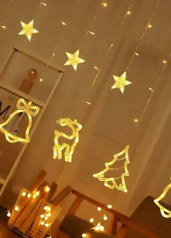 Гирлянда светодиодная с новогодними фигурами Штора Олень Елка Колокольчик 2.5х1м 138 LED с пультом Теплый