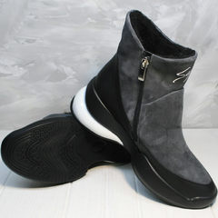 Зимние женские ботинки полусапожки на низком ходу Jina 7195 Leather Black-Gray