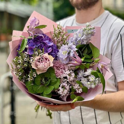 Bouquet «Lavender glitter», Flowers: Hydrangea, Brassica, Chamelaucium, Rose, Syringa, Delphinium, Clematis