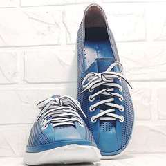 Кожаные кроссовки кеды с перфорацией женские летние street casual Wollen P029-2096-24 Blue White.
