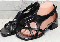 Летние сандалии босоножки на каблуке черные женские Evromoda 166606 Black Leather.