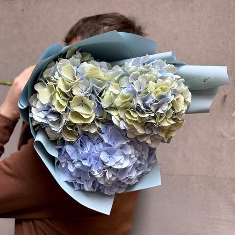 Photo of Three sky-blue hydrangeas in a bouquet «Light Nadiya»